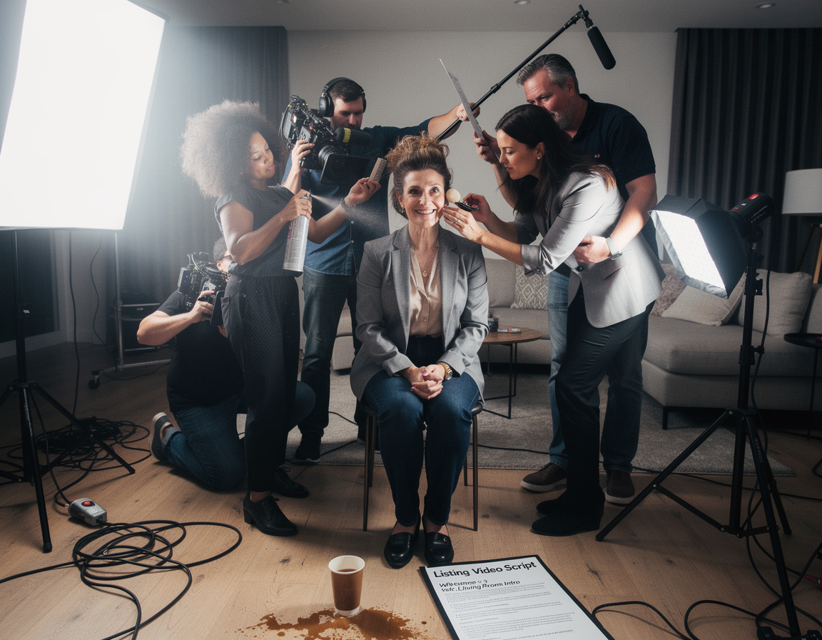 A real estate agent's video shoot in chaos: stylists fussing with hair and makeup while a camera crew crowds in, cables everywhere and the lighting all wrong
